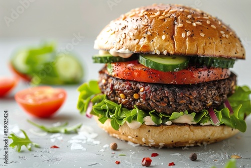 Vegan Burger with black bean patty, cucumbers, tomatoes, lettuce and vegan mayonnaise on grey background. Copy space. Publications about vegetarianism and balanced nutrition, recipes and cooking. 