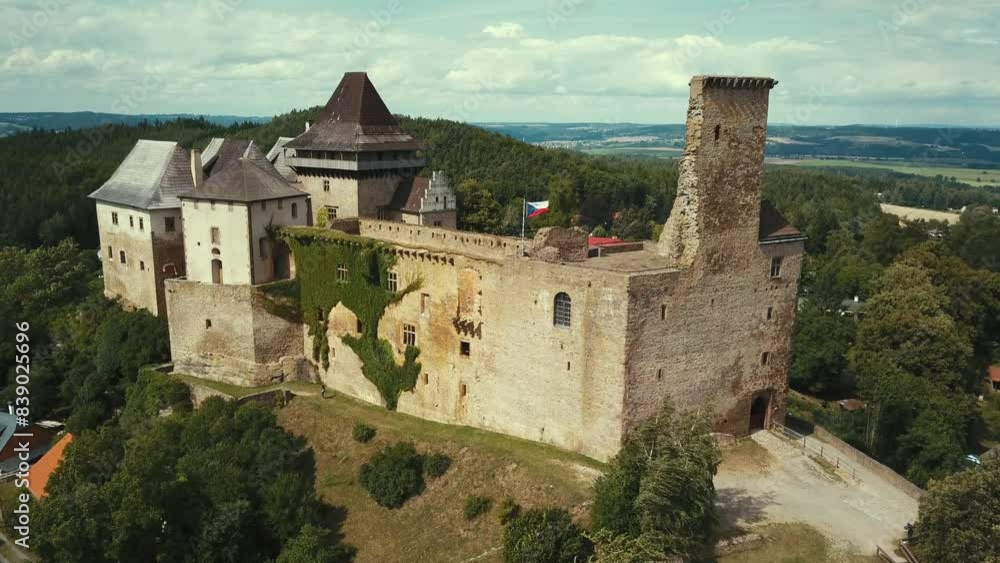 Aerial view of medieval castle Lipnice from the 14th century. Famous landmark in Lipnice nad Sazavou, Vysocina, Czech republic, European union. Aerial view of medieval castle Lipnice from the 14th century. Famous landmark in Lipnice nad Sazavou, Vysocina, Czech republic, European union.
