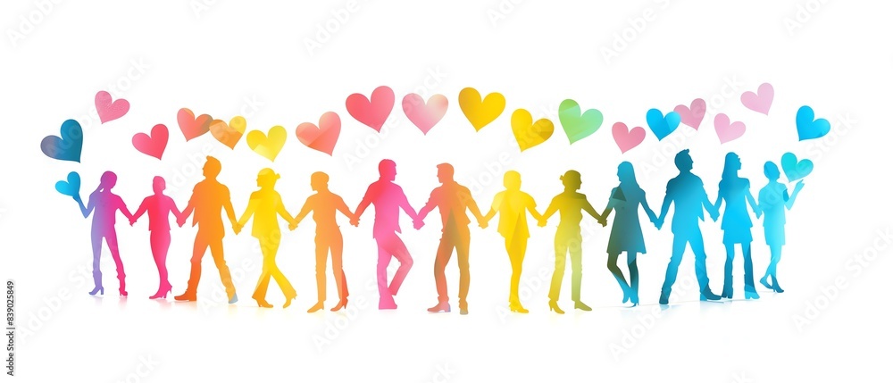 Colorful people holding hands in a circle with hearts above them. Colorful people holding hands in a circle with hearts above them.