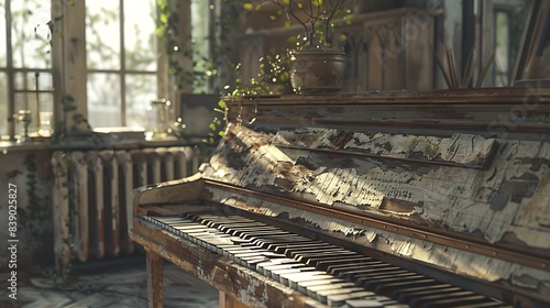 A rustic piano with chipped paint in a sunlit room, surrounded by vintage decor. 8k, realistic, full ultra HD, high resolution and cinematic photography © Haider