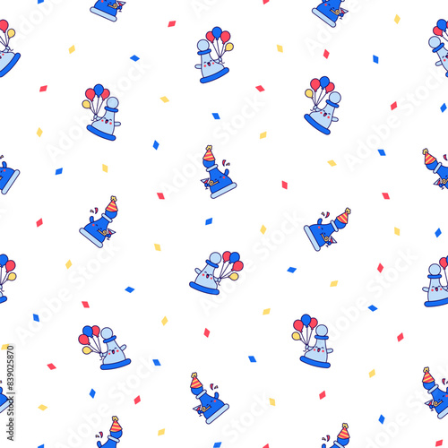 Cute chess pawn with happy face. Seamless pattern. Cartoon kawaii character. Hand drawn style. Vector drawing. Design ornaments.