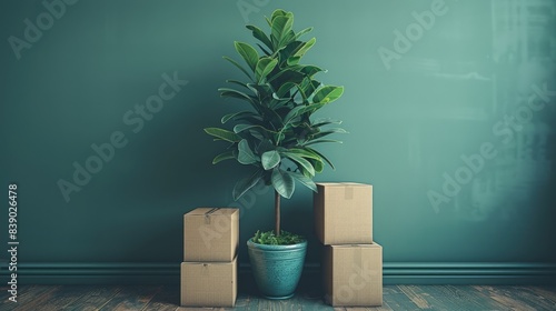 Minimalistic Stacked Boxes, Green Plant in Blue Pot. Sealed Goods, Home Supplies for Relocation
 photo