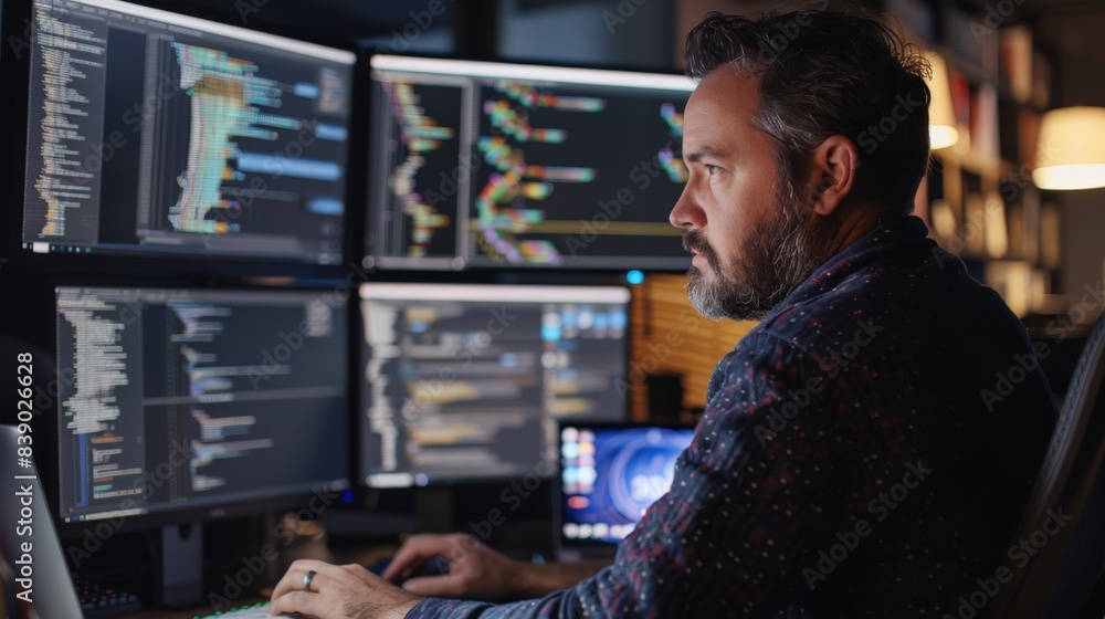 A man is sitting at a desk with three computer monitors in front of him. He is focused on his work, possibly programming or analyzing data. The room is well-lit and has a modern, professional feel A man is sitting at a desk with three computer monitors in front of him. He is focused on his work, possibly programming or analyzing data. The room is well-lit and has a modern, professional feel
