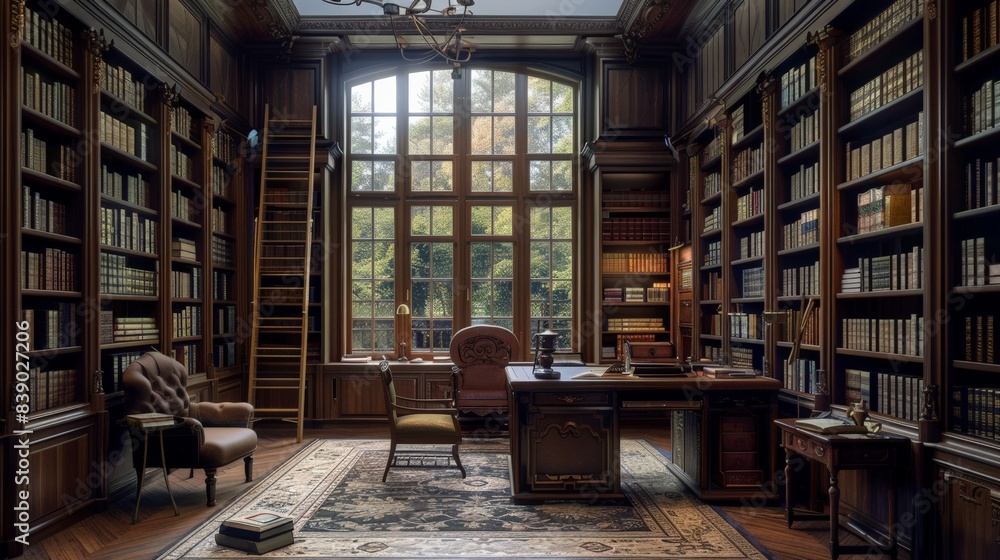 A large room with a desk and a bookshelf. The room is filled with books and has a window with curtains A large room with a desk and a bookshelf. The room is filled with books and has a window with curtains