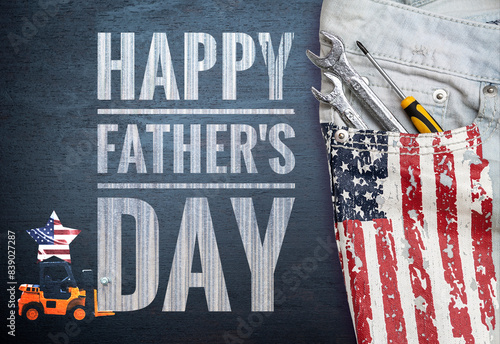 Happy Father's day banner with tool in jean pocket with USA flag pattern, Father's day card background idea