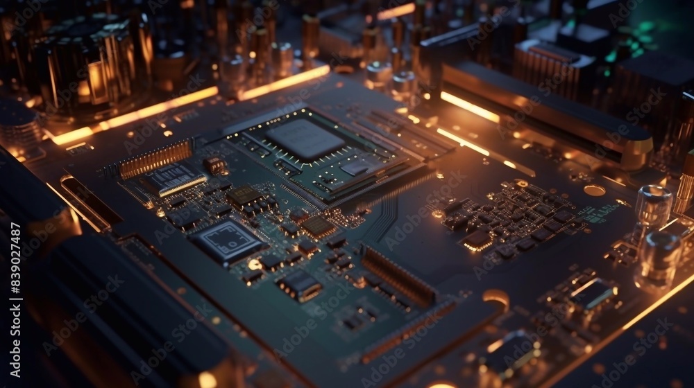 Close-up of a glowing, modern computer chip on a futuristic circuit board, illuminated with blue and gold accents. Perfect for technology, innovation, and electronics themes Close-up of a glowing, modern computer chip on a futuristic circuit board, illuminated with blue and gold accents. Perfect for technology, innovation, and electronics themes