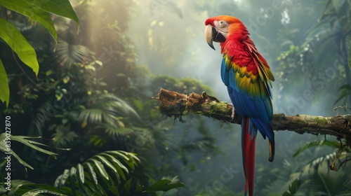 Wallpaper Mural A colorful parrot is perched on a tree branch in a lush green forest. The bird's vibrant colors and the surrounding foliage create a sense of life and vitality in the scene Torontodigital.ca