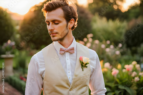 Wedding. The groom in a shirt and a waistcoat with a buttonhole is in the garden photo