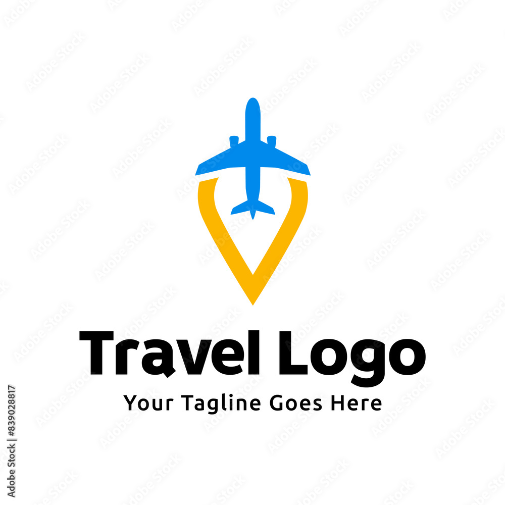 Fototapeta premium logo design combining the shape of a pin map with an airplane, logo design traveling template