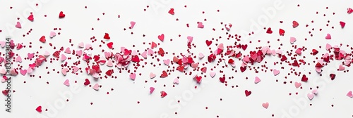 A clean white background with scattered tiny pink and red hearts in a minimalist pattern photo