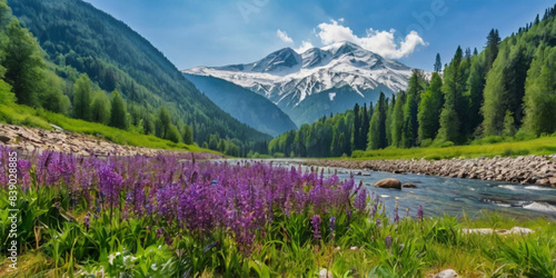 Landscape with lake, blue sky and mountains