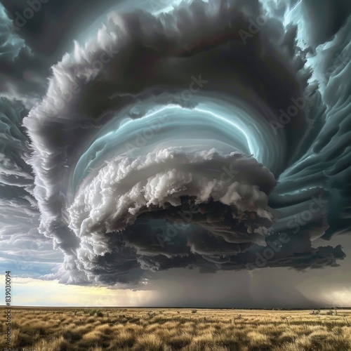 A dramatic thunderstorm brewing , with dark clouds swirling ominously above the horizon, illustrating the power and unpredictability of nature's forces. photo