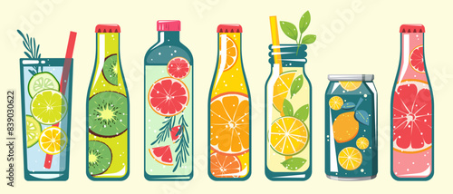 Set of summer drinks. Lemonade, detox water, soda. Refreshing drinks with lemon, lime, cucumber, mint. Vector illustration.