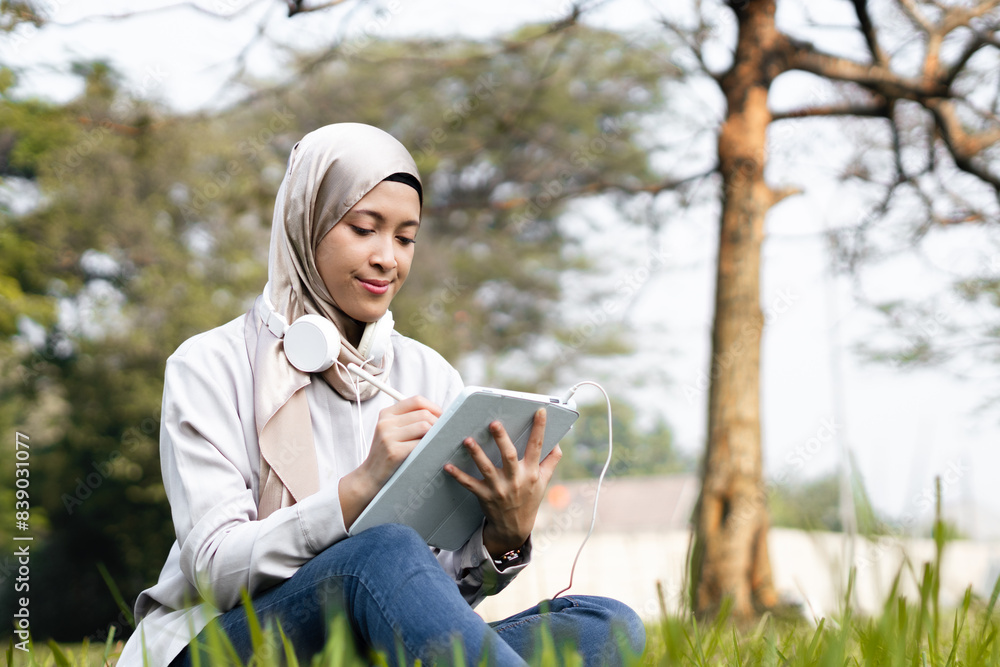 A serious yet slightly smiling Asian woman wearing a hijab is sitting on the grass, working on a task with her tablet A serious yet slightly smiling Asian woman wearing a hijab is sitting on the grass, working on a task with her tablet