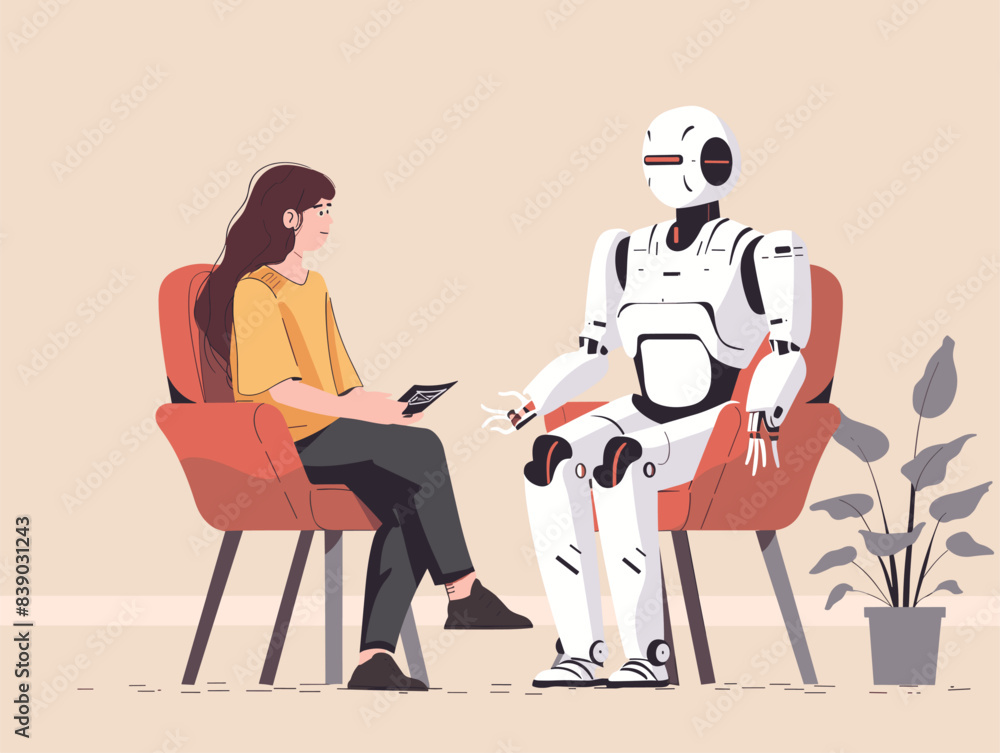 Modern Job Interview: Artificial Intelligence Analyst Assistant Robot Interviews a Person for a Job Modern Job Interview: Artificial Intelligence Analyst Assistant Robot Interviews a Person for a Job