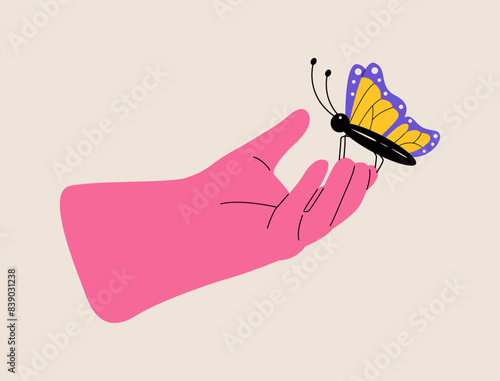 Hand of a Person Holding a Butterfly. Colorful vector illustration