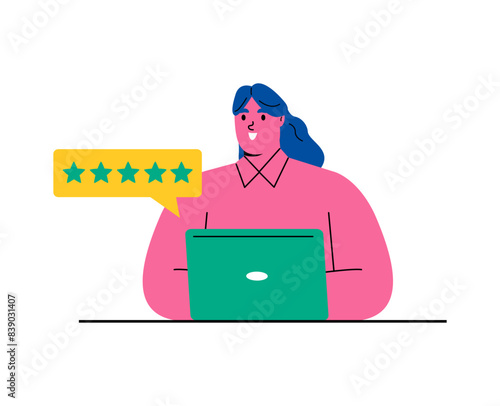 Business woman giving five star feedback. Customer review concepts. Flat vector illustration isolated on white background