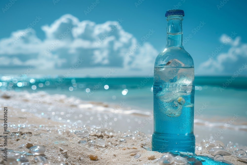 A steamy bottle of blue lemonade with ice stands on the beach on white sand. Ocean with waves. Sea vacation. To advertise a seaside vacation for a travel agency. A steamy bottle of blue lemonade with ice stands on the beach on white sand. Ocean with waves. Sea vacation. To advertise a seaside vacation for a travel agency.