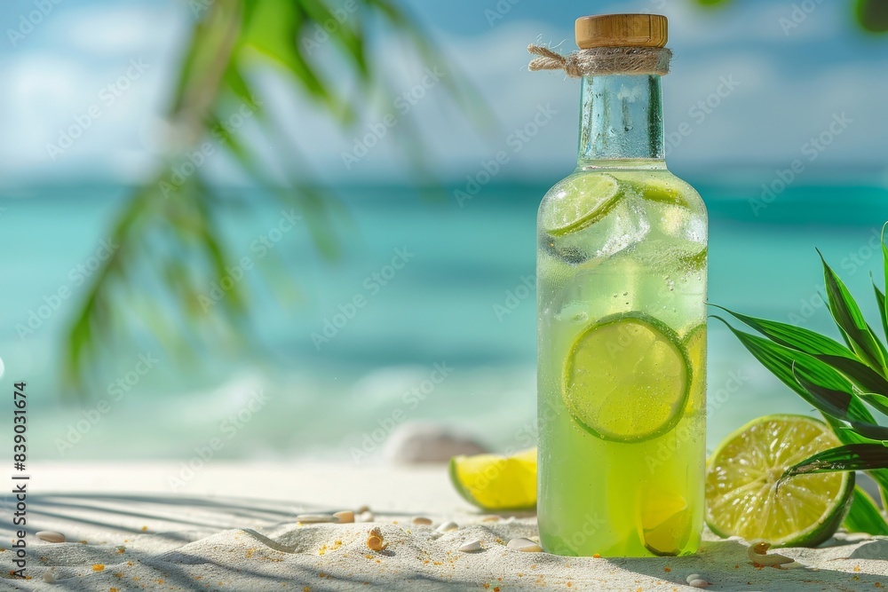 Obraz premium A steamy bottle of green lemonade with ice stands on the beach on white sand. Ocean with waves. Sea vacation. To advertise a seaside vacation for a travel agency. 