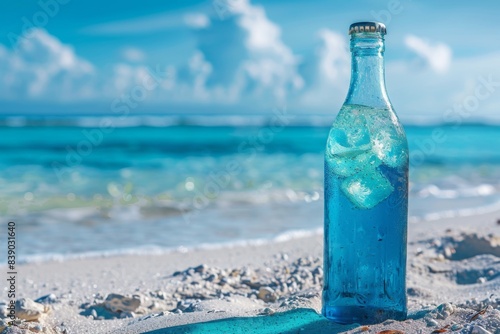 A steamy bottle of blue lemonade with ice stands on the beach on white sand. Ocean with waves. Sea vacation. To advertise a seaside vacation for a travel agency. 