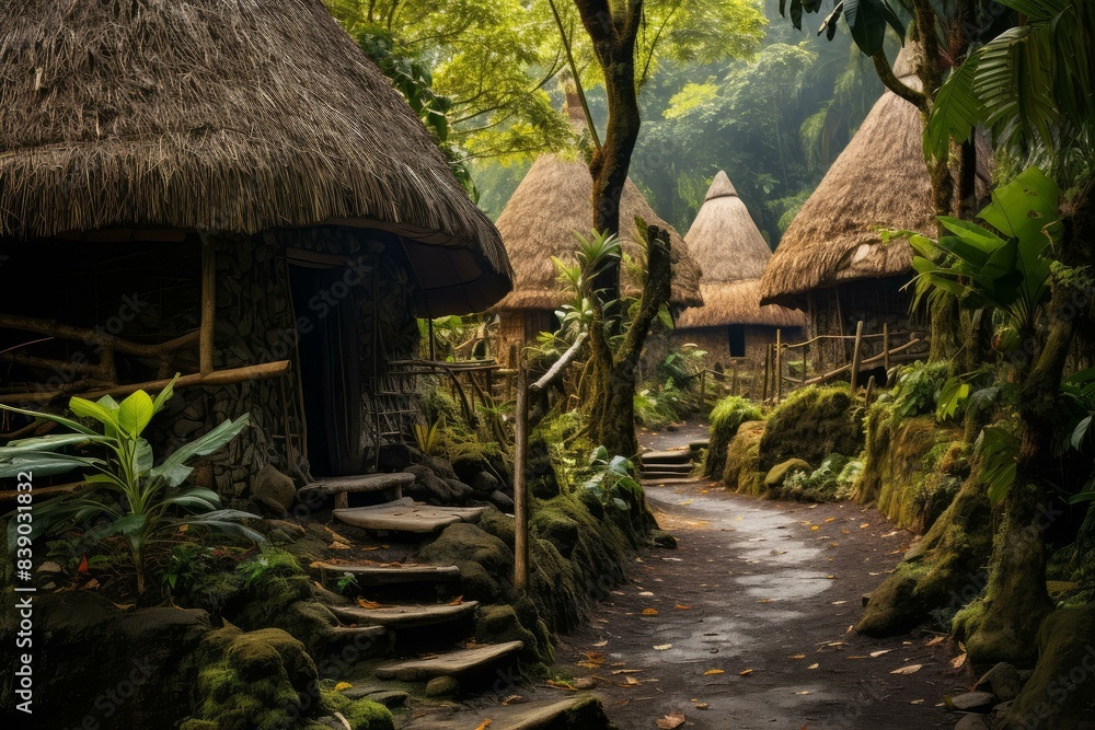 Atmospheric view of traditional huts in a dense forest with mystic fog and lush greenery Atmospheric view of traditional huts in a dense forest with mystic fog and lush greenery