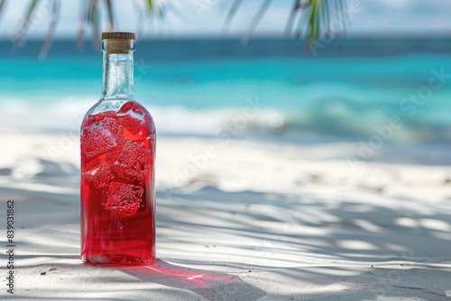 A steamy bottle of red lemonade with ice stands on the beach on white sand. Ocean with waves. Sea vacation. To advertise a seaside vacation for a travel agency.