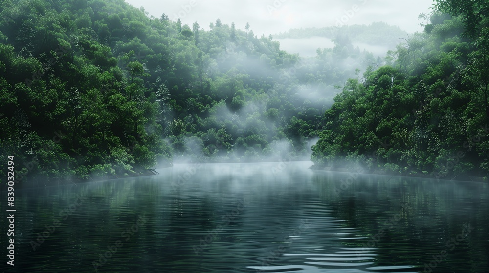 A calm river winding through a dense forest with mist rising from the water.