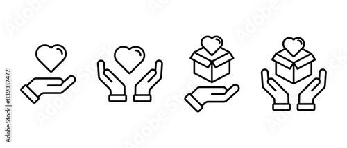 Love icon vector set. Heart with hand symbol. Gift with hand sign