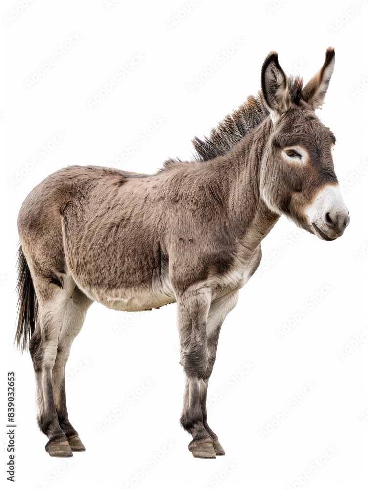 Fototapeta premium A side view of donkey standing on white background