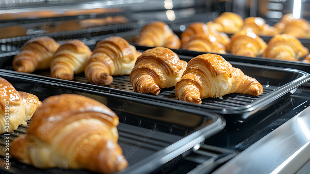 Croissants baked on a black metal tray Croissants baked on a black metal tray