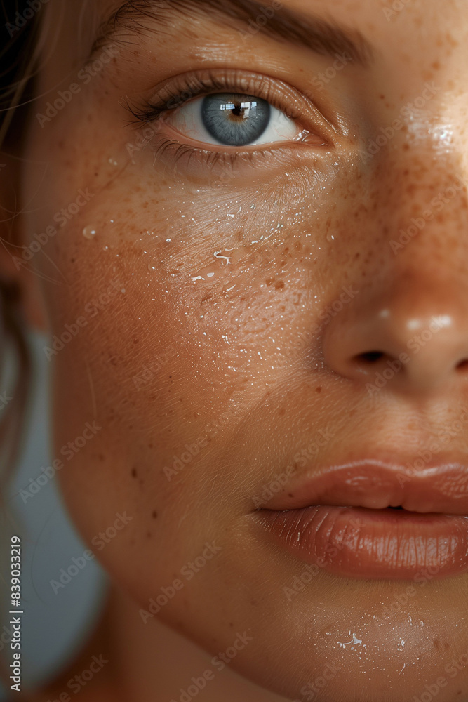 Detailed Close-Up of a Young Woman in Her 30s with Glowing, Healthy Skin, Without Makeup Detailed Close-Up of a Young Woman in Her 30s with Glowing, Healthy Skin, Without Makeup