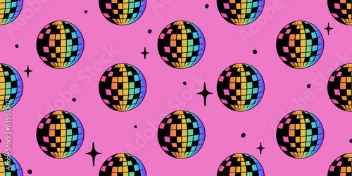 Disco ball seamless pattern vector illustration. Club decoration element ornament with sparkles. Party sparkling rainbow sphere. Design for textile, fabric, background, pride month print.