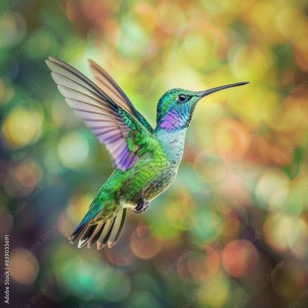 a cute green hummingbird flying on green blur bokeh background a cute green hummingbird flying on green blur bokeh background