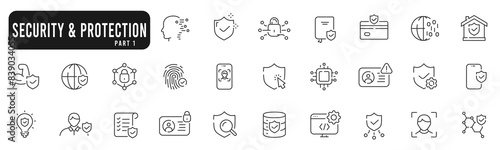 Set of protection and security related line icons. Safety, password, acces, lock, shield etc. Editable stroke