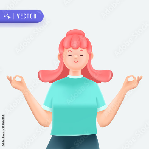 Young woman with pink hair meditate in isolated background vector illustration. 3d vector people character illustration.