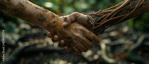 Handshake with intertwined roots forming a network, symbolizing the interconnectedness of all living things and the environment © Jun