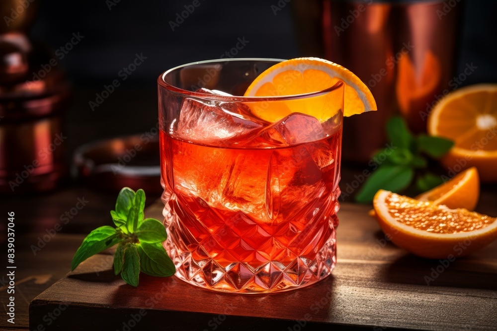 Classic negroni garnished with an orange slice and ice, with bar tools in the background Classic negroni garnished with an orange slice and ice, with bar tools in the background