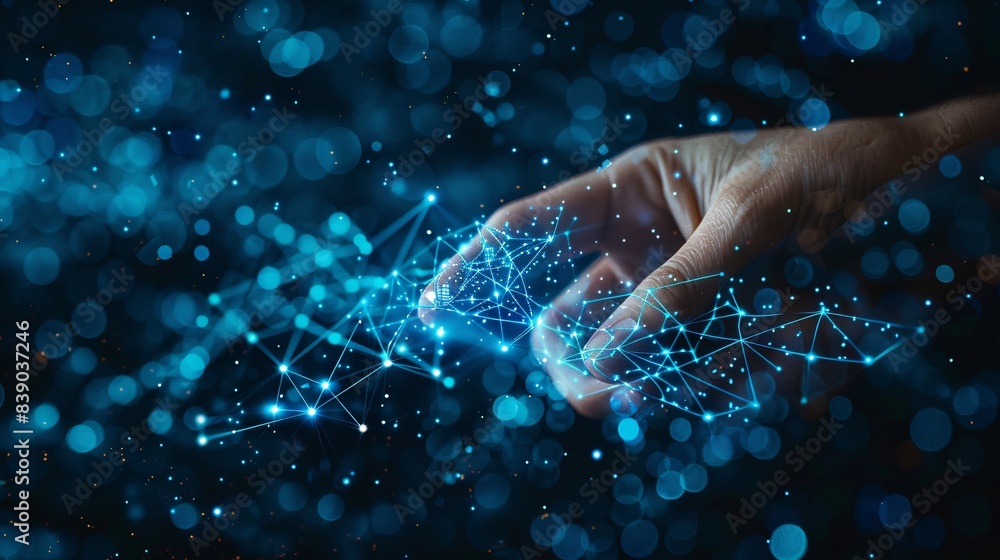 Artificial intelligence and the human hand touching with digital data connection technology background for the future business, a futuristic concept of artificial generalization or robot art, an AI Artificial intelligence and the human hand touching with digital data connection technology background for the future business, a futuristic concept of artificial generalization or robot art, an AI