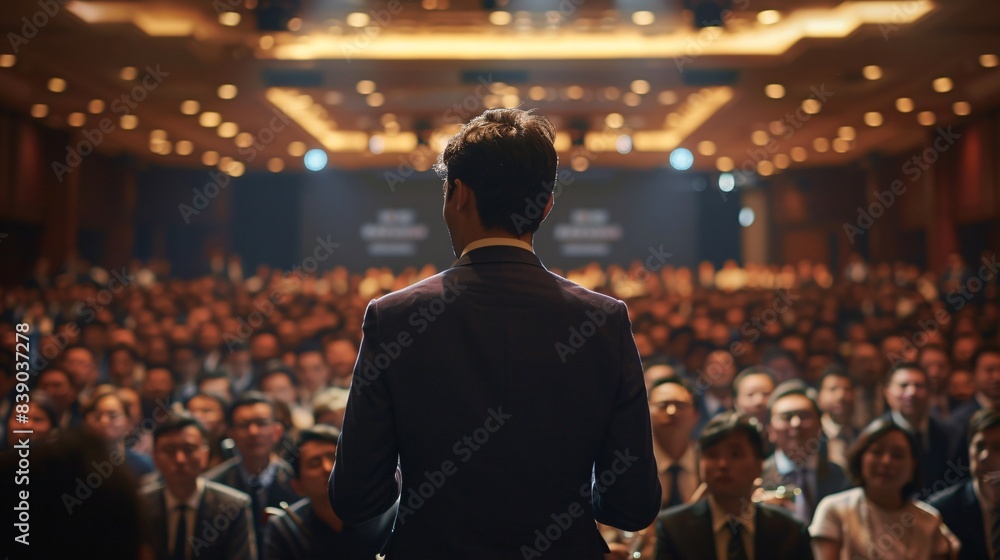 Businessman standing and giving a presentation in a conference or meeting room to a large audience of business people, with copy space for text. A man presenting at an international convention hall Businessman standing and giving a presentation in a conference or meeting room to a large audience of business people, with copy space for text. A man presenting at an international convention hall