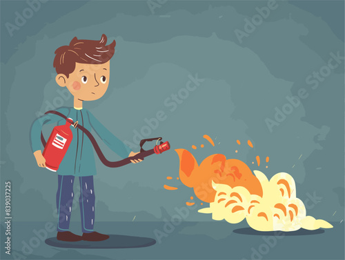 Extinguishing the Flames: An Individual's Heroic Act Quelling a Small Fire with a Fire Extinguisher, Depicted in Animated Style