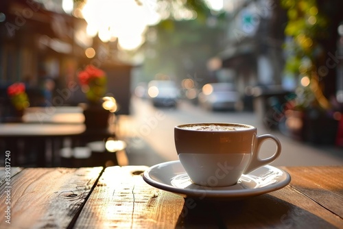 Morning coffe. White cup of coffee on table in outdoors cafe with blurred city street background  Generative AI