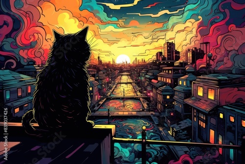 Cat on the rooftop in the style of graphic novel painting art cartoon.