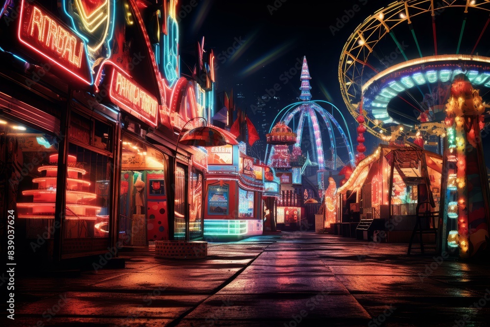 Vibrant neon lights illuminate the festive atmosphere of a carnival at night, featuring rides and games
