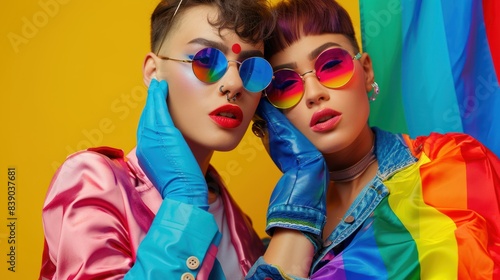 stylish American LGBTQ couple in sunglasses and gloves