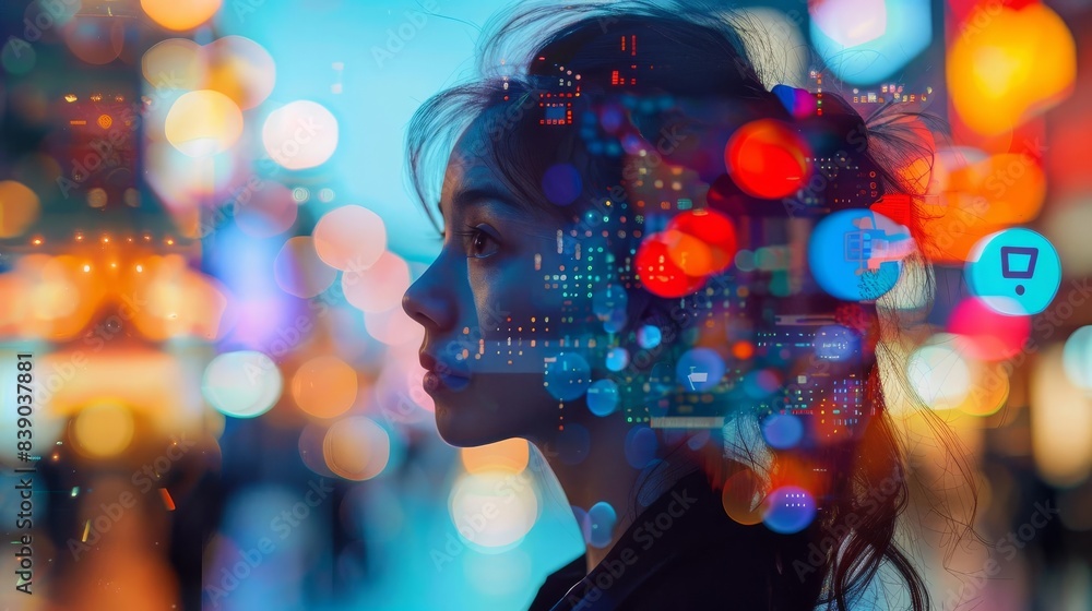 Silhouette of a woman with city lights background, blending digital technology and urban life, vibrant and futuristic scene.