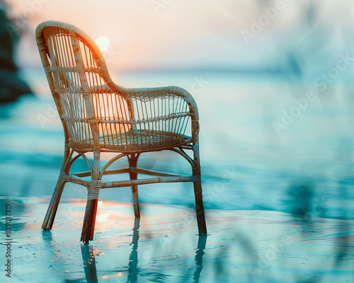 Serene beach scene with a wicker chair facing the sunset, reflecting on the water. Peaceful and tranquil coastal view.