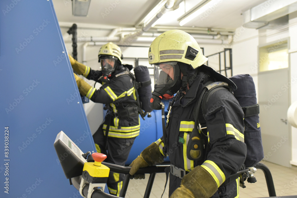 Two firefighters with respirator and air tank exercising in exercise room Two firefighters with respirator and air tank exercising in exercise room