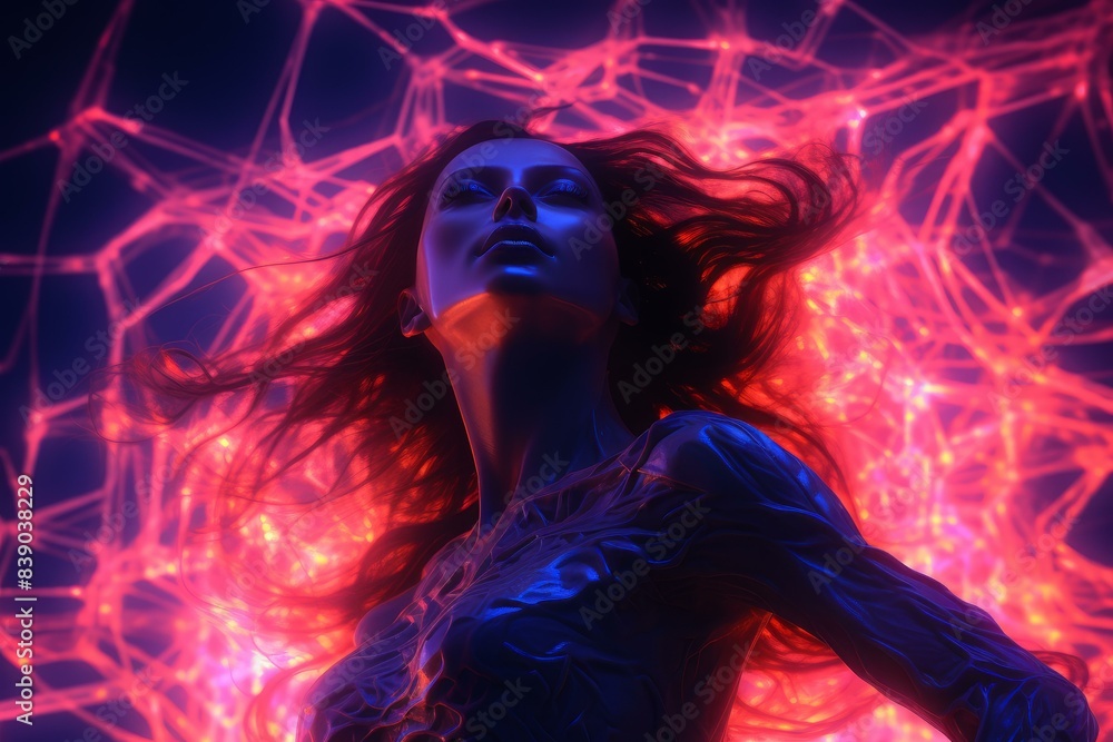 Digital art of a woman with flowing hair against a neon abstract network background Digital art of a woman with flowing hair against a neon abstract network background