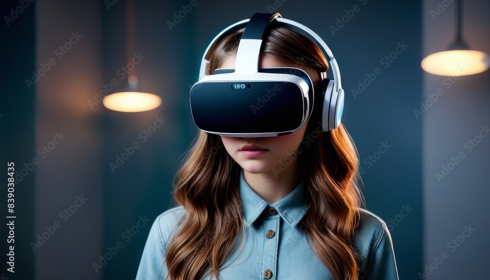 A girl with long hair and a denim shirt engages in a virtual reality experience. She wears a VR headset and is focused on the digital environment around her. The image illustrates the captivating A girl with long hair and a denim shirt engages in a virtual reality experience. She wears a VR headset and is focused on the digital environment around her. The image illustrates the captivating