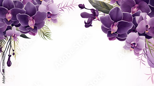 Elegant purple orchid floral border on white background, perfect for invitations, greeting cards, and decorative designs.